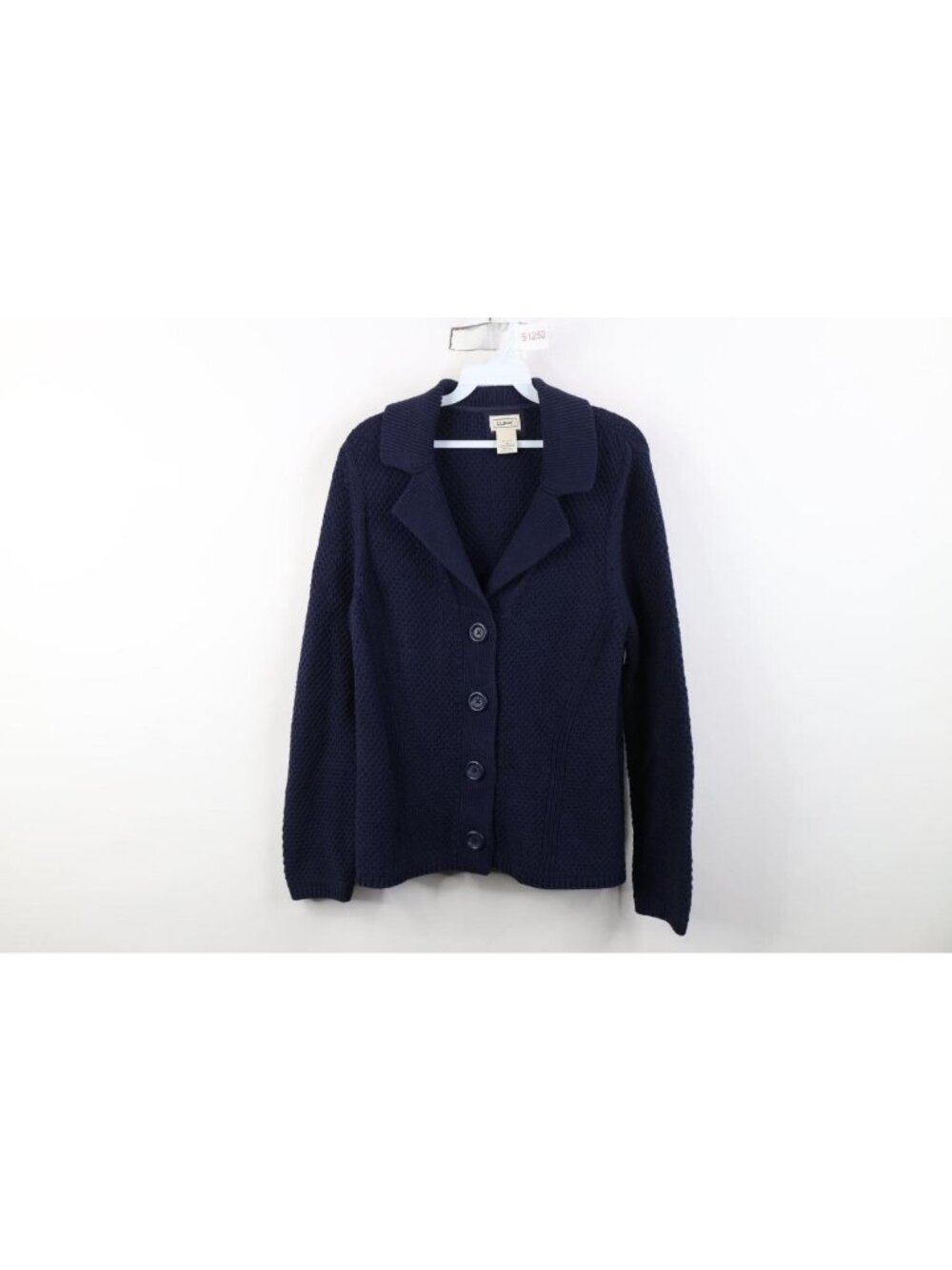 Vintage LL Bean Womens Medium Cotton Thermal Knit Collared Cardigan Sweater Blue